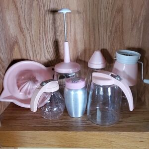 Vintage Pink and Silver Kitchen Accessories Set. Pitchers, Chopper, Juicer.